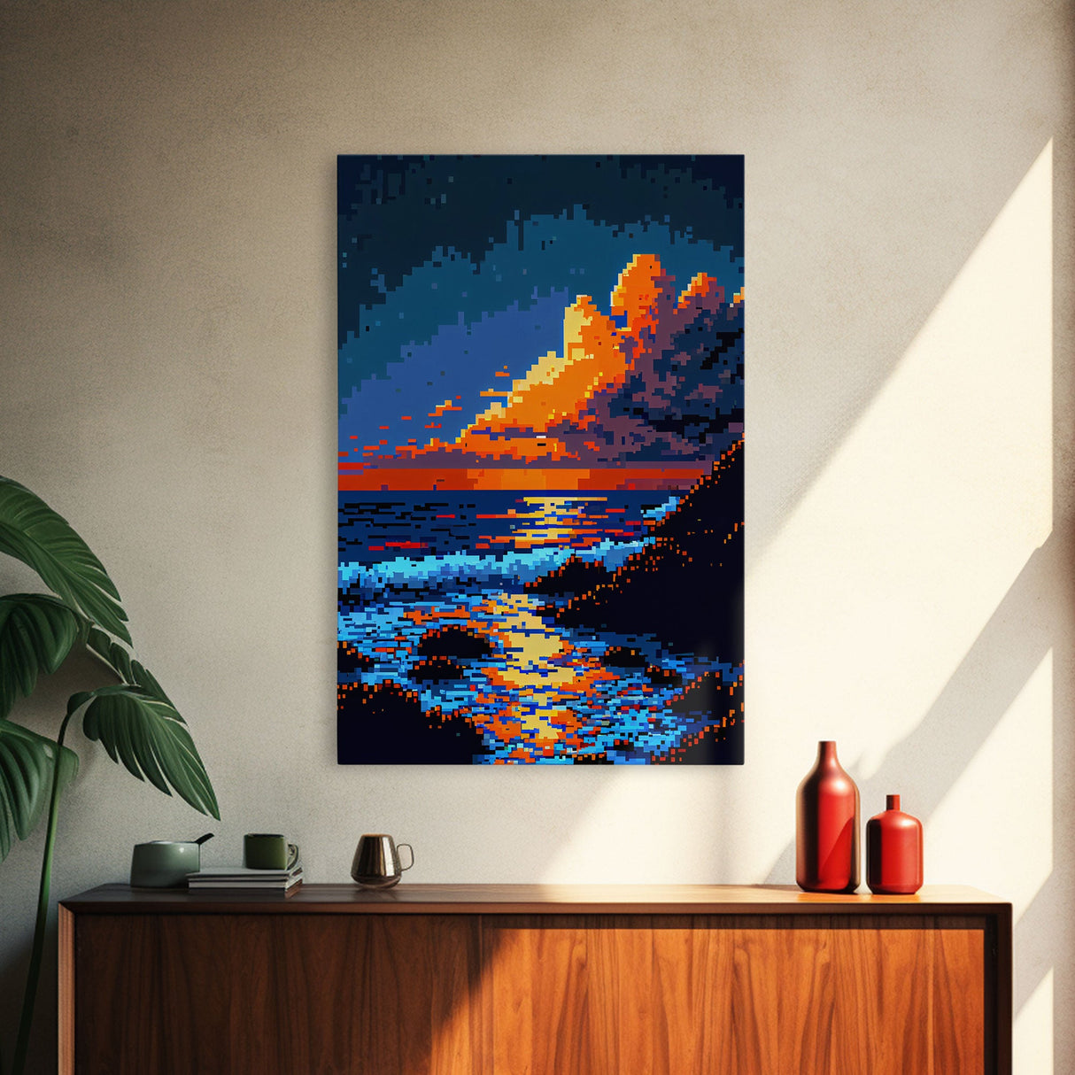 Pixel Art Sunset obscured by clouds, framed canvas print, 8 bit art