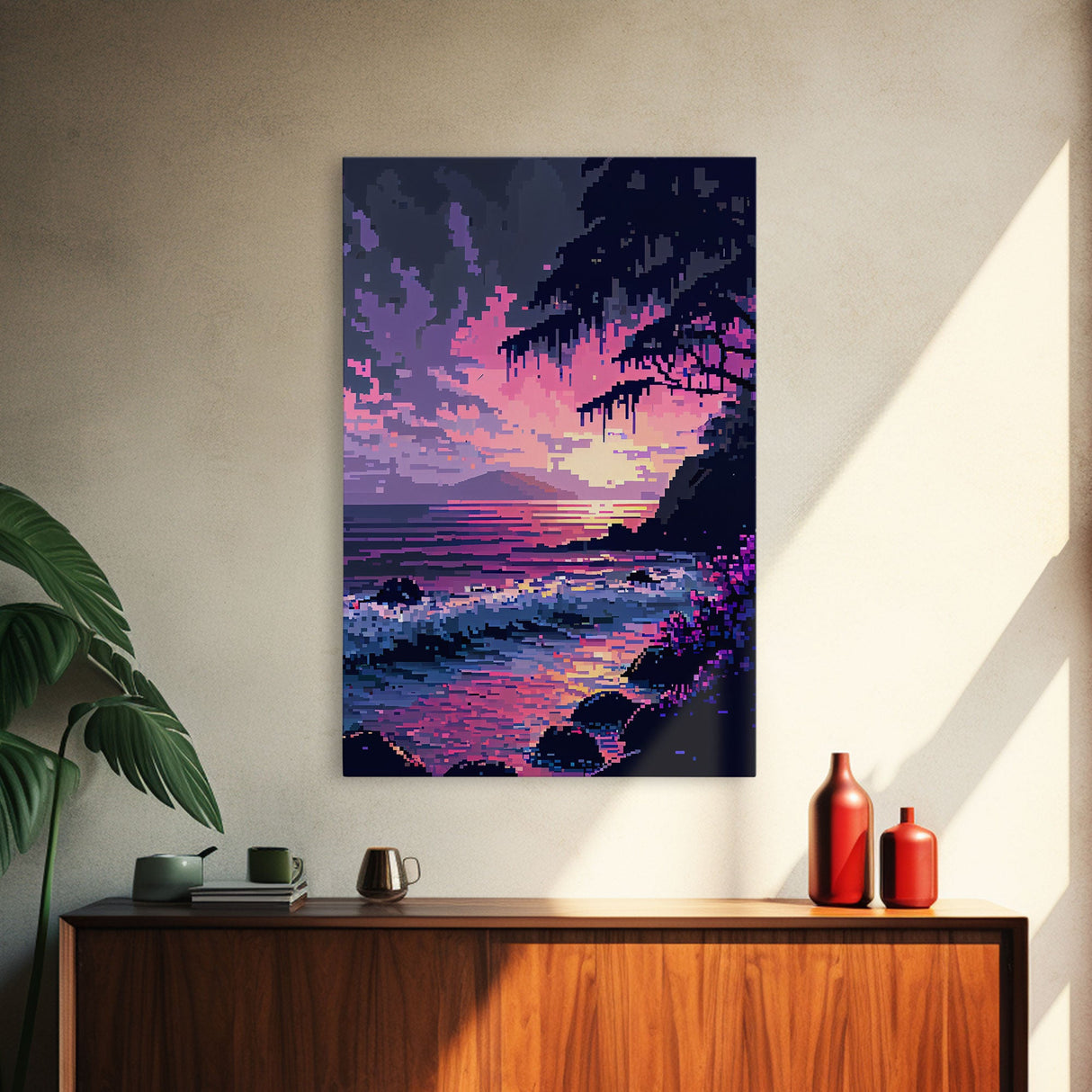 Pink Sunset, Vaporwave Aesthetic pixel art beach sunset, framed canvas print