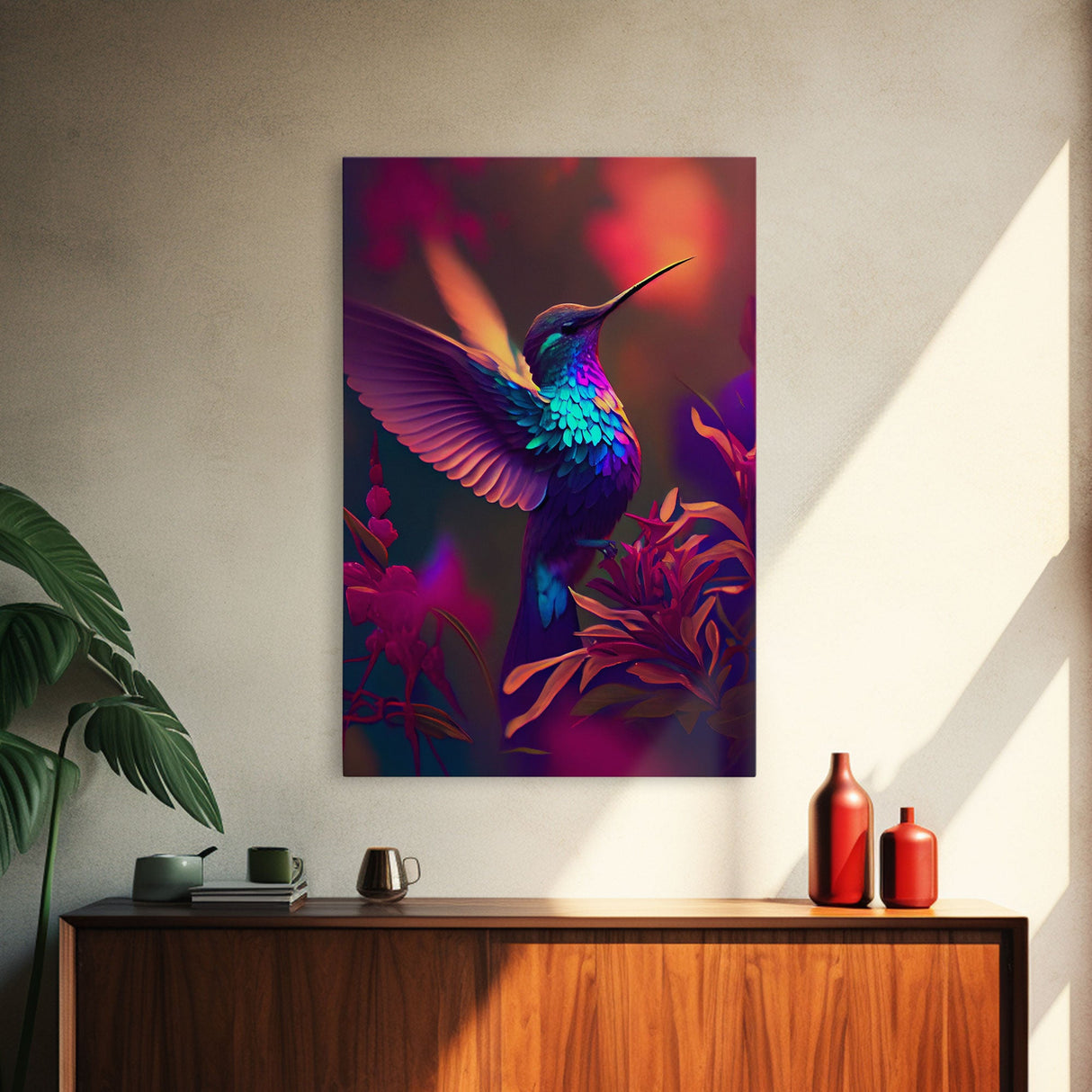 Hummingbird in flight, cute animal print, framed canvas print, colorful retro wave style art