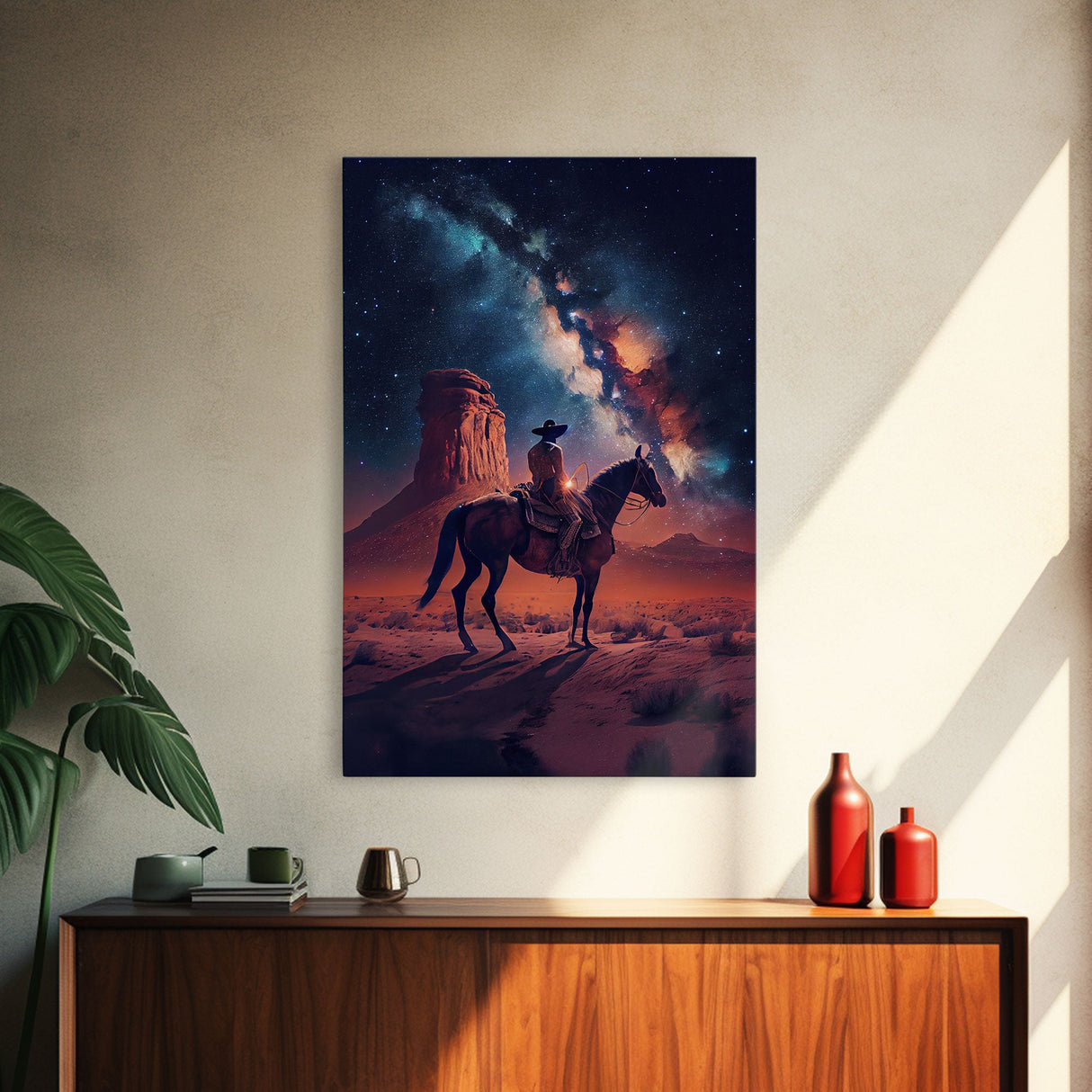 Cowboy contemplating the stars, framed canvas print, wild west art, western decor