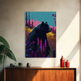 Cute brown bear stopping to smell the flowers, animal prints, framed canvas print, colorful unique wall art