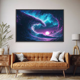 The Wave, Synthwave style ocean art, sunset in a wave, framed canvas print