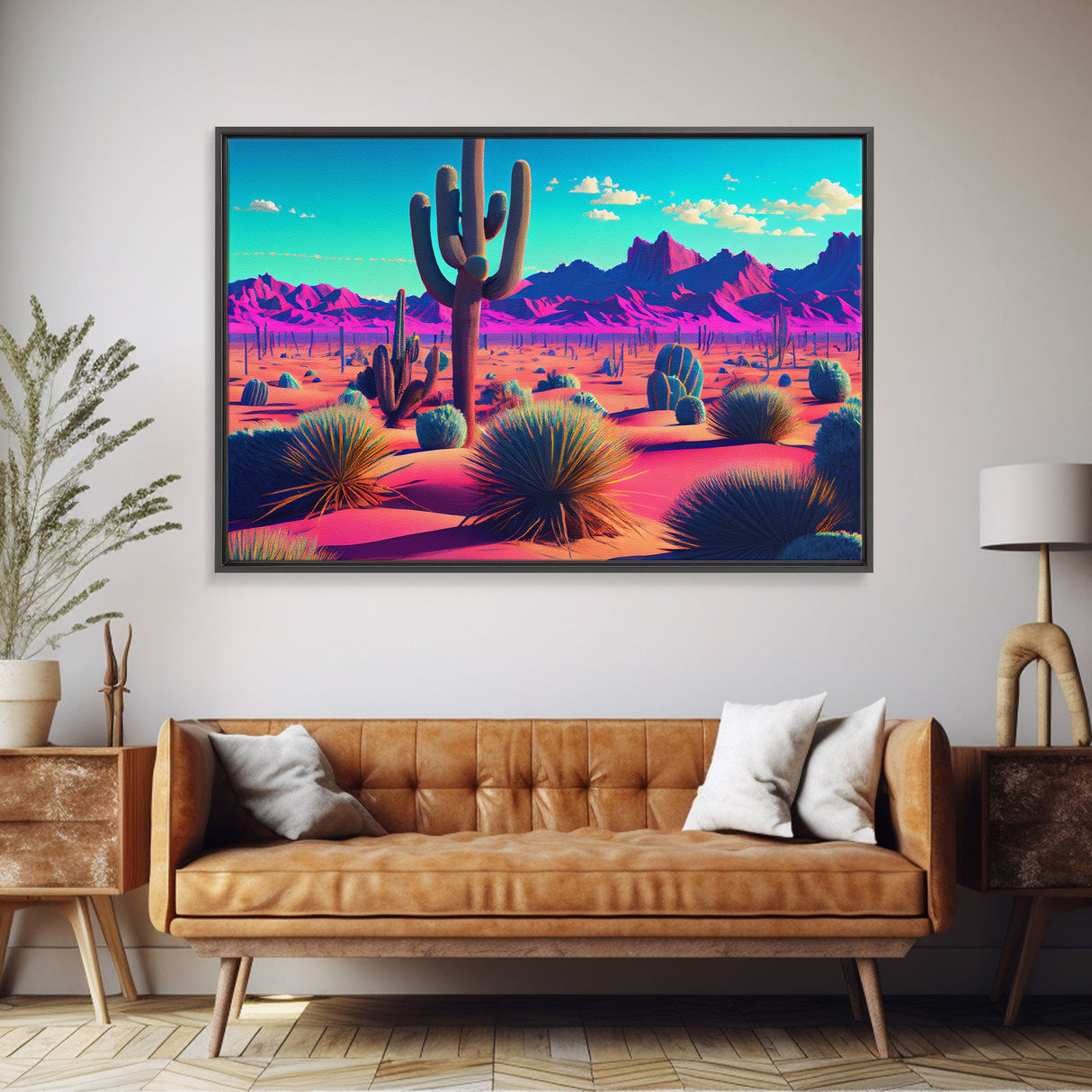 Synthwave Style Cactus Art, Retro Desert Abstract, framed canvas print, Arizona art