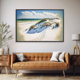 Whimsical watercolor of sand dunes on a beach, framed canvas print, beautiful living room wall art