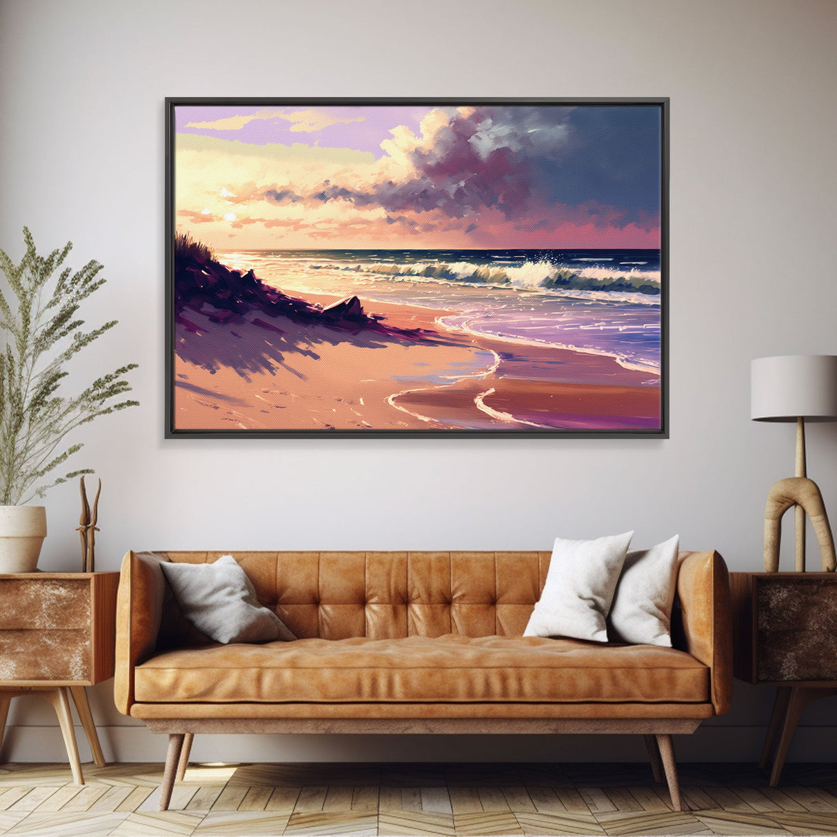 Boho Style Whimsical Beach Art, Framed Canvas Print, Minimalist Modern Farmhouse Decor, Pink Sunset Sky over the beach