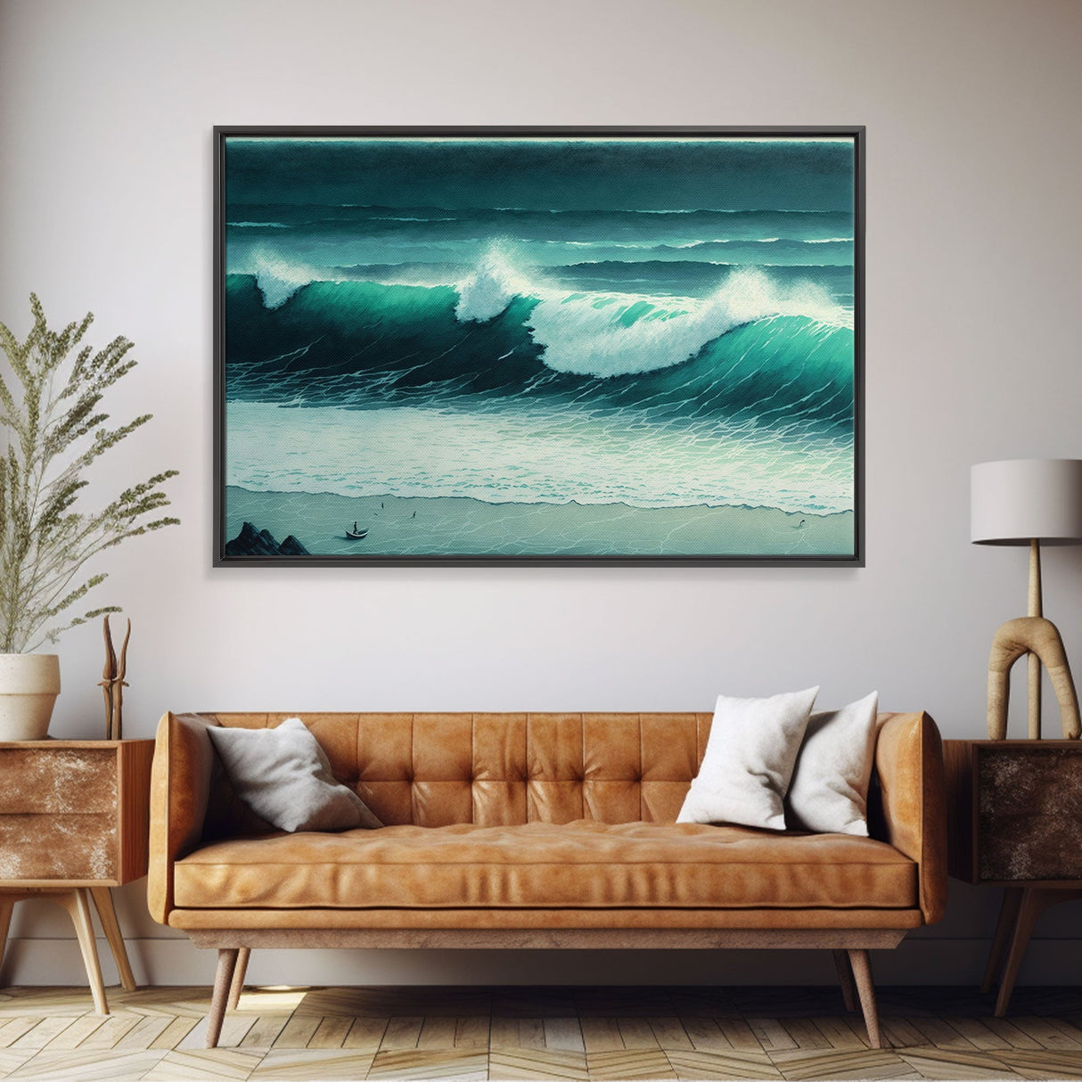 The Monsoon | Beach Art | Framed Canvas Print | Emerald Green Waves | Boho Style Minimalist Painting | Framed Wall Decor Wall Art