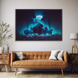 Herd of Water buffalo at midnight, full moon, retro style synthwave animal prints, framed canvas print