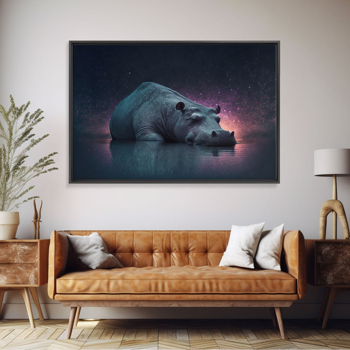 Sleepy Hippo, Animal Prints, framed canvas prints, wildlife art, starry night pastel hue art