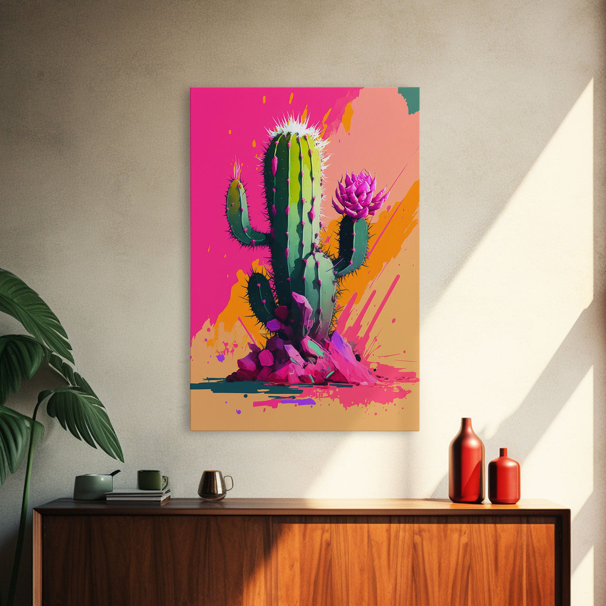 Pop Art Mexico Cactus Art, Synthwave Pink Art, Framed Canvas Print, Southwest Saguaro Cactus Succulent Art, Western Decor