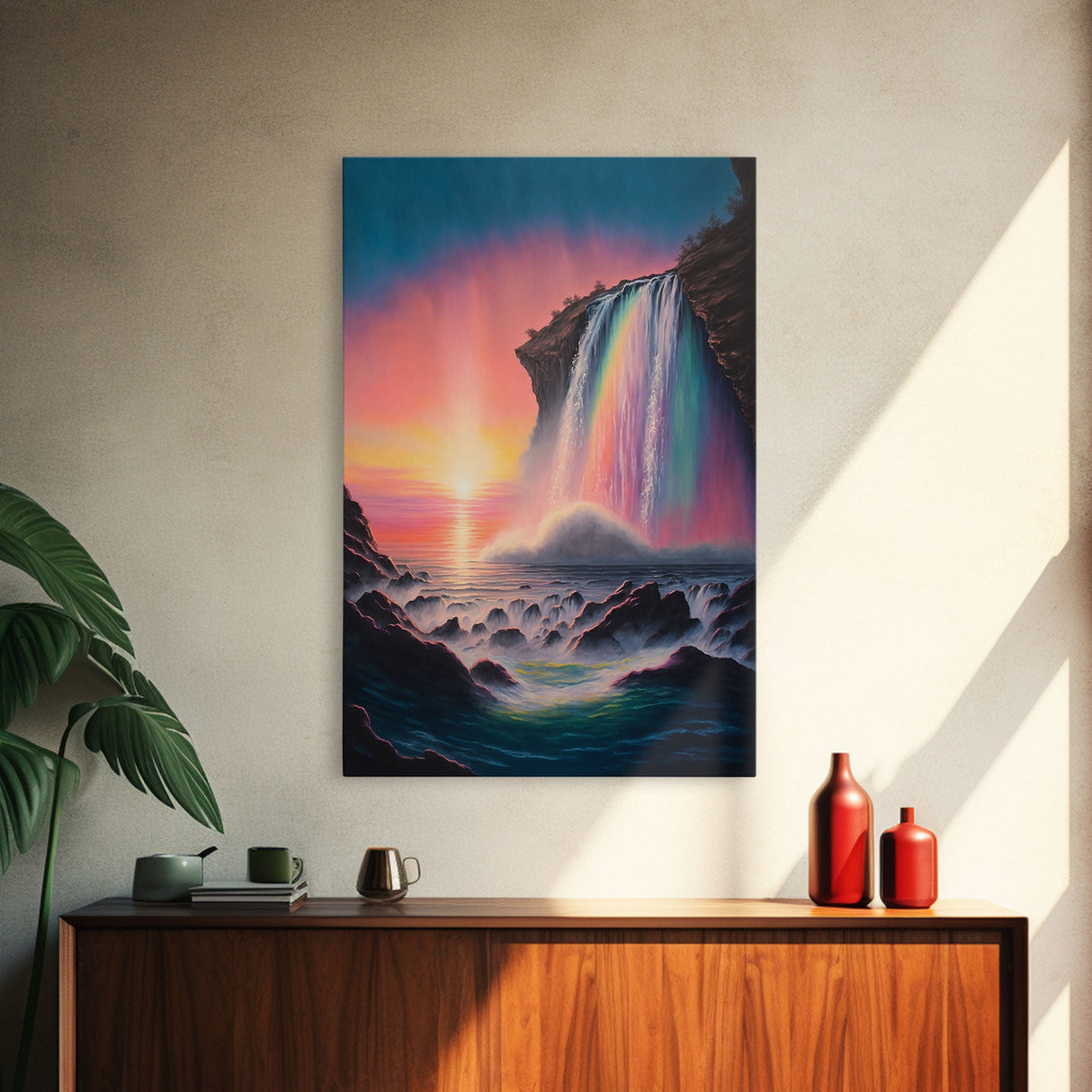 A Mythical Waterfall and Rainbow pouring Into the ocean blue at sunset, framed canvas print