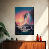 A Mythical Waterfall and Rainbow pouring Into the ocean blue at sunset, framed canvas print