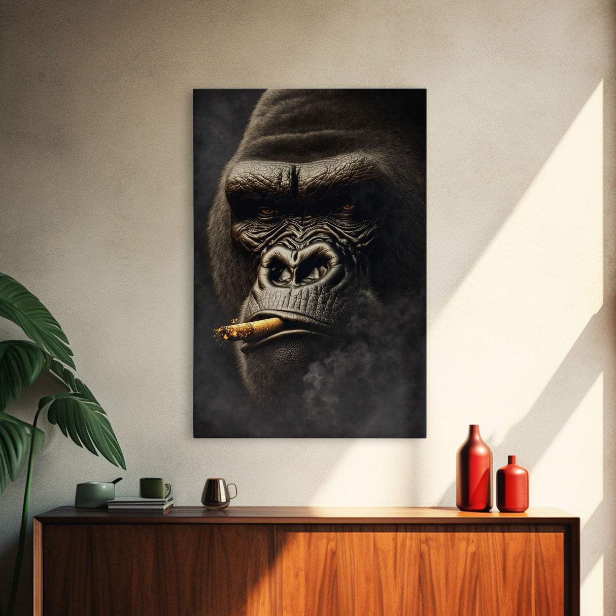 Smoking Gorilla canvas framed wall art, Gorilla Smoking print, Animal Print, Monkey Canvas print, Wall Decor