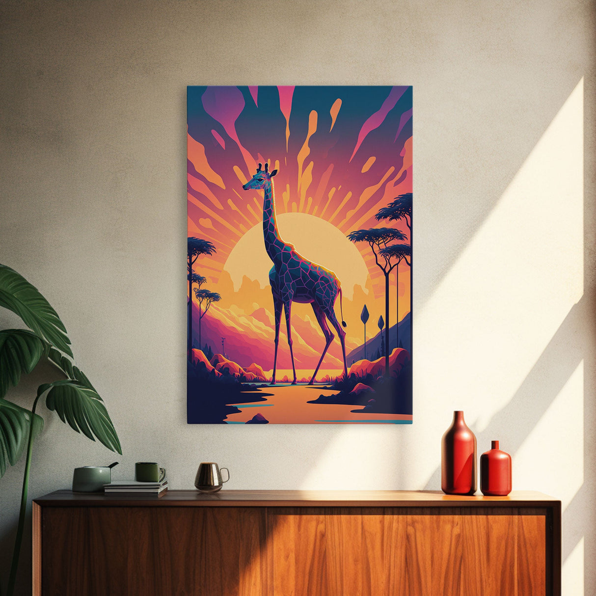 Retro Style Pop Art Giraffe Art, Synthwave Line Art, Framed Canvas Print, 80s Style Art, Outrun Style Animal Prints