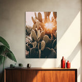 Sunlight Peaking Through A Cactus, Framed Canvas Wall Art Cactus Desert Landscape Arizona Photography Print Minimalist Modern Western Art