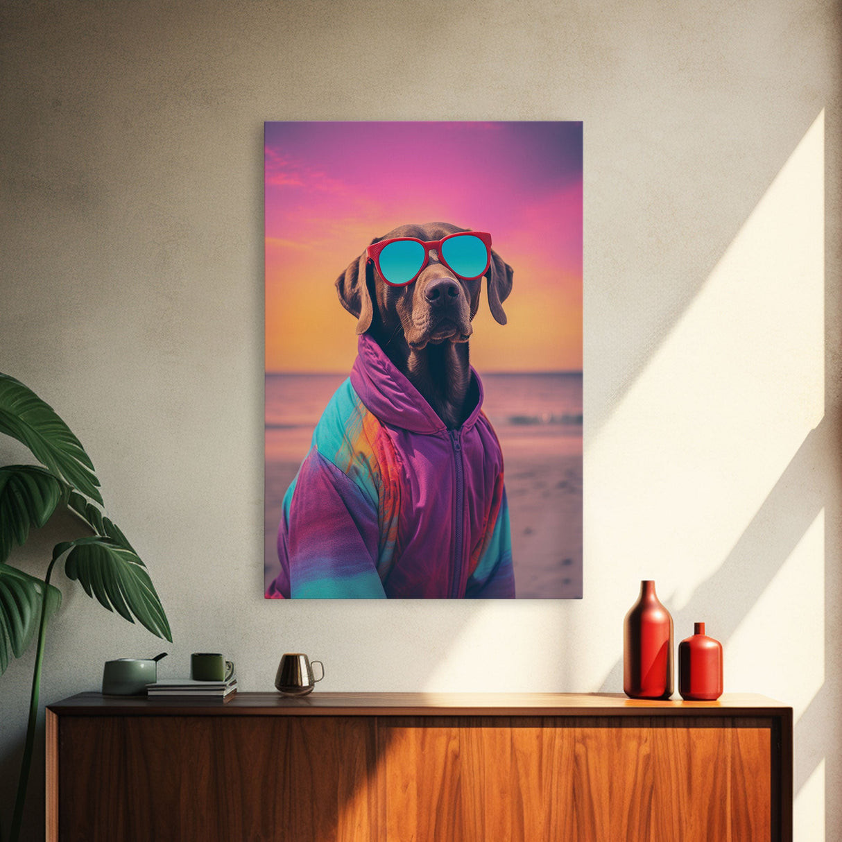 Great Dane In Pink Jacket Sunglasses Wall Print, Beach Art, Dog Print, Dog Portrait, Framed Wall Art, Framed Canvas, Wall Print, Wall Canvas