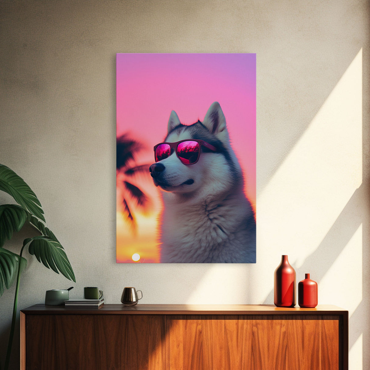 Siberian Husky In Pink Sunglasses Wall Print, Beach Art, Dog Print, Dog Portrait, Framed Wall Art, Framed Canvas, Wall Print, Wall Canvas