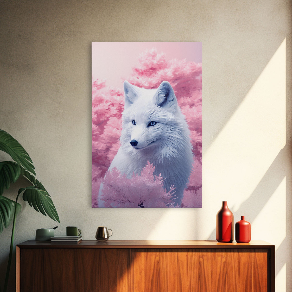 White Fox Wall Print, Animal Art Print, Animal Portrait, Pink Art, Wildlife Art, Framed Wall Art, Framed Canvas, Wall Print, Wall Print