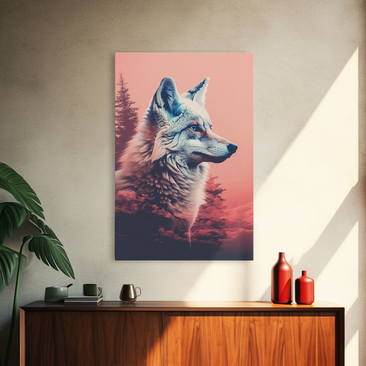 White Wolf Wall Print, Animal Art Print, Animal Portrait, Pink Art, Wildlife Art, Framed Wall Art, Framed Canvas, Wall Print, Wall Canvas