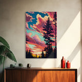 Pacific Northwest Forest Landscape Wall Art, Framed Canvas Print, Pink Cloudy Sunset Sky, Abstract Landscape Framed Art