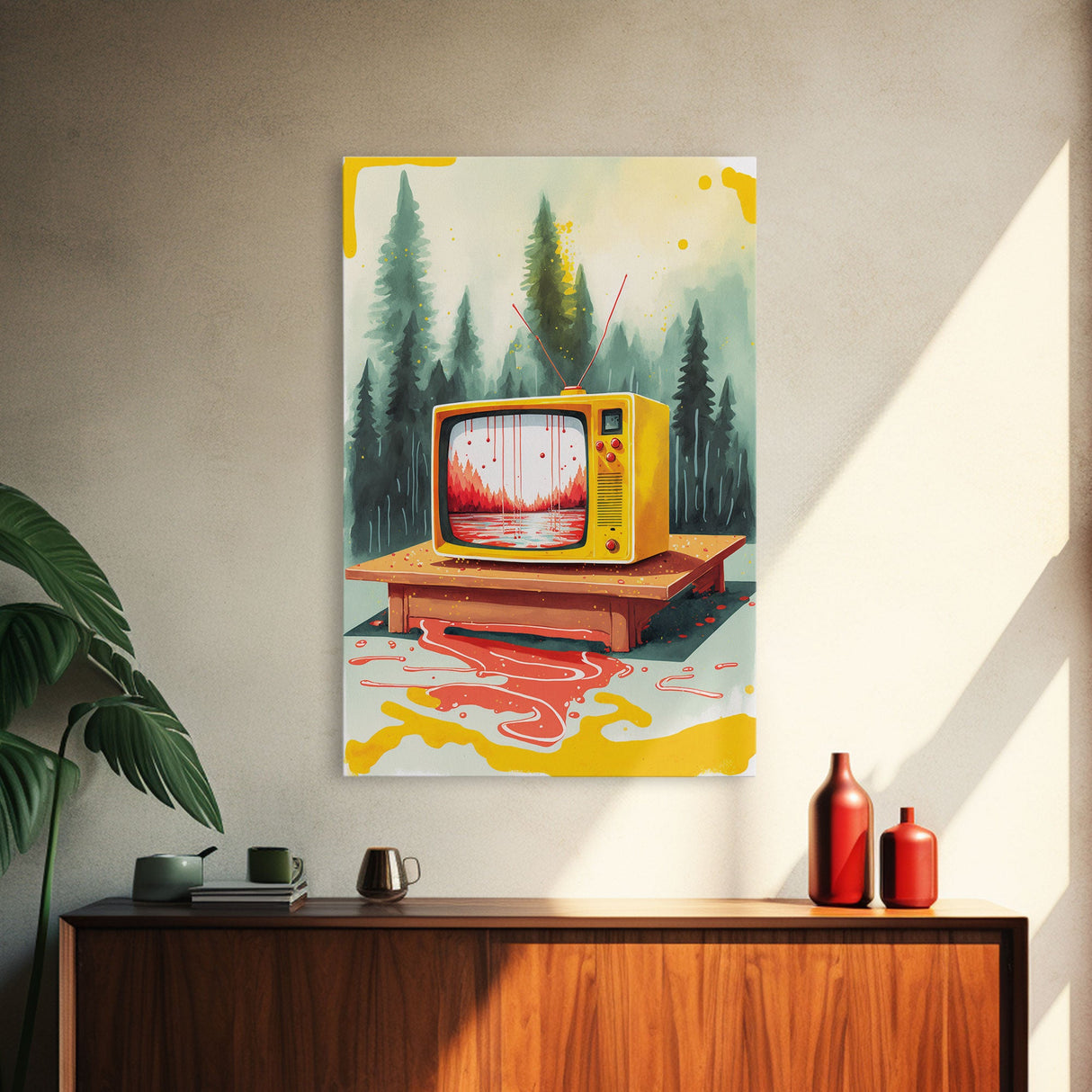 Abstract Surreal Landscape Art, Framed Canvas Print, Retro TV in a Forest, Weird / Strange Home Decor