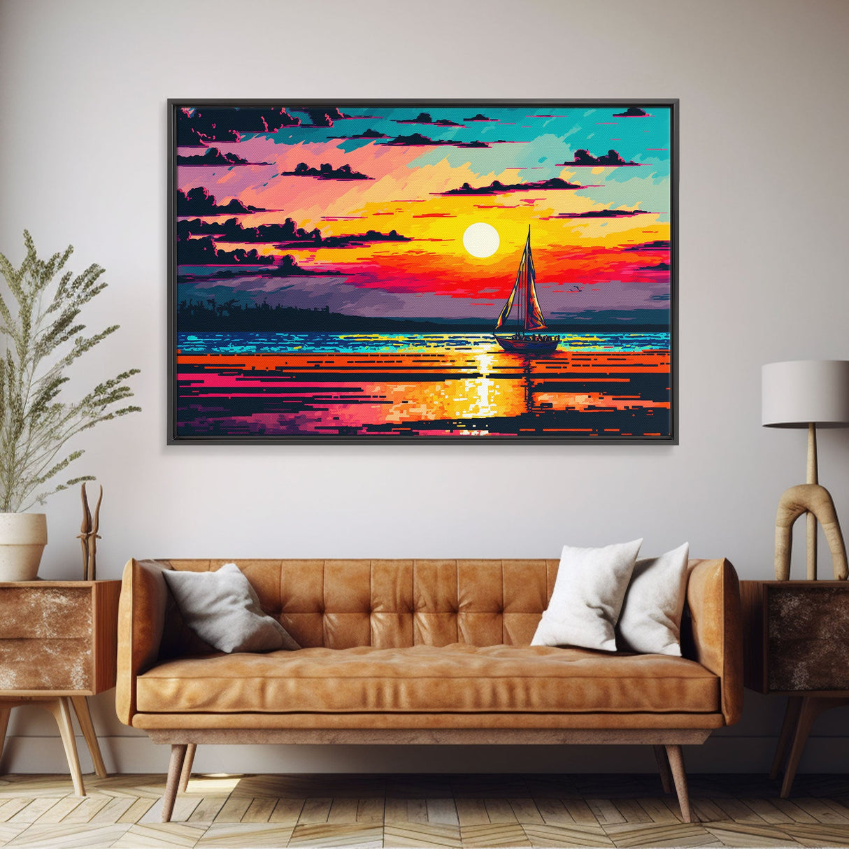 Sailing at Sunset, Watercolor Painting Canvas Print, Framed Wall Art, Unique Sunset Pop Art Ocean Landscape Decor