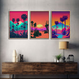 California Desert Art, Retro / Vaporwave / Synthwave 80s Vibes 3 Piece Canvas Prints, Game Room Art, Living Room / Bed Room Retro Decor