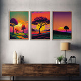 Triptych 3 panel Wall Art, Framed Canvas Prints, Synthwave Landscape Decor, MCM 80s Vibes Retro Style 3 Piece Art