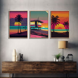 Beach Vibes, 3 Panel Wall Art, Framed Canvas Prints, Triptych Art, 3 Piece, 80s Vibes Vaporwave Wall Art, Life Guard Hut and Palm Trees