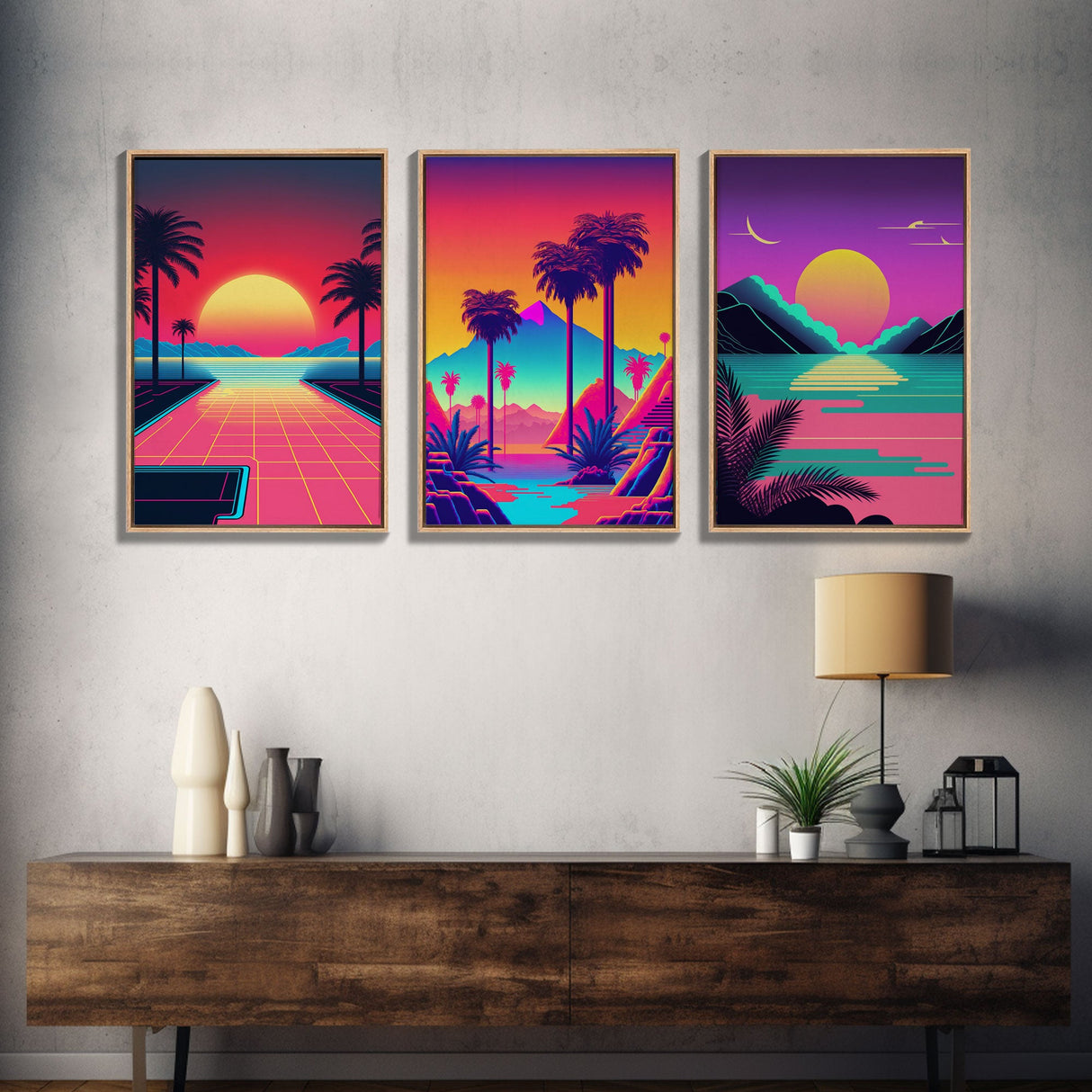 Retro 80s Style Art, 3 Panel Framed Canvas Prints, Canvas Wall Art, Synthwave / Vaporwave Aesthetic Retro Style Wall Art