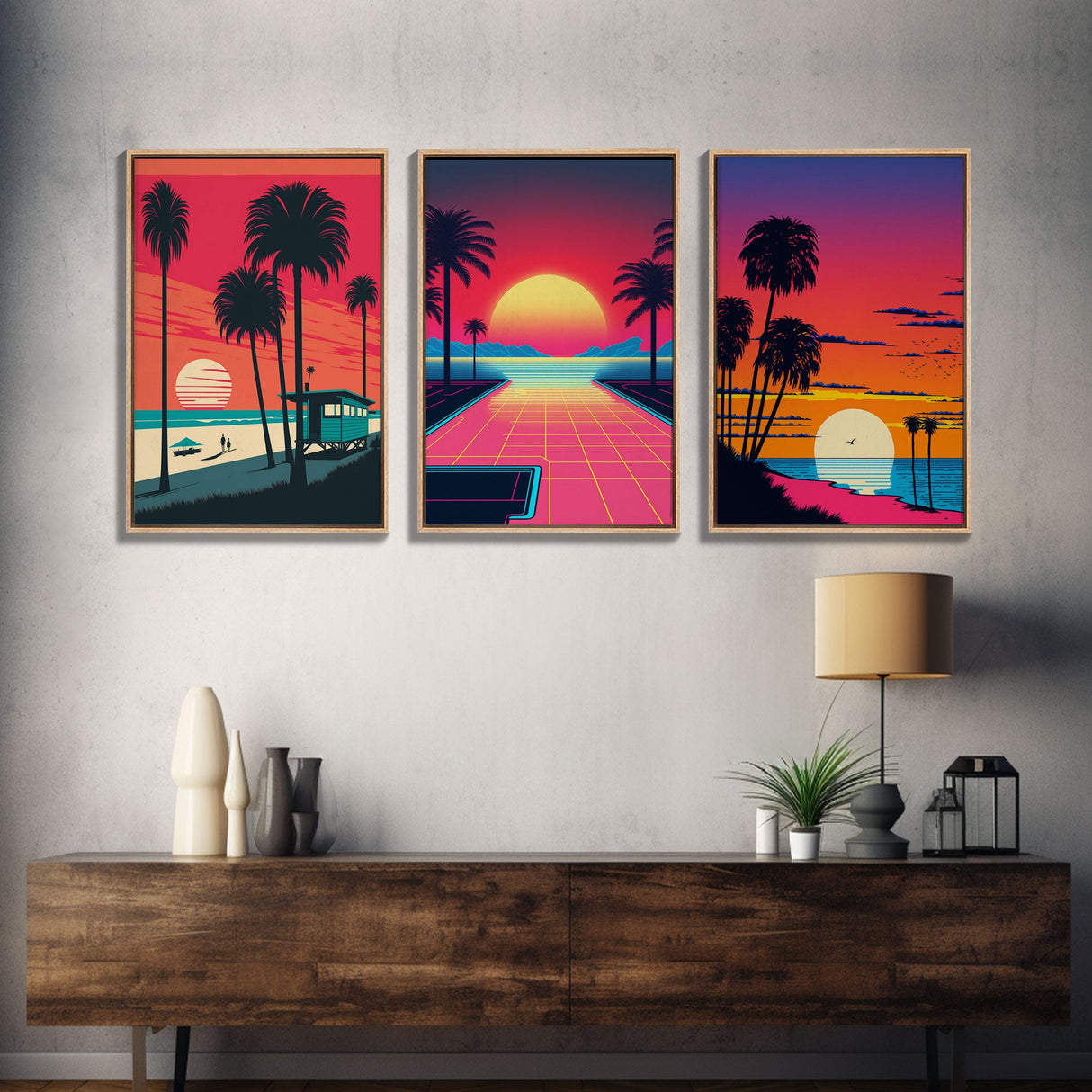 Midcentury Modern Wall Art, Mid Century Modern, 3 Piece Framed Canvas, 3 Panel Art, Triptych Art, Vaporwave Palm Trees and Sunset, 80s Retro