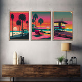 MCM Style Retro Wall Decor, Framed Canvas Prints, Triptych 3 Panel Wall Art, Retrowave Beach Art, Minimalist Boho Vaporwave Architecture Art