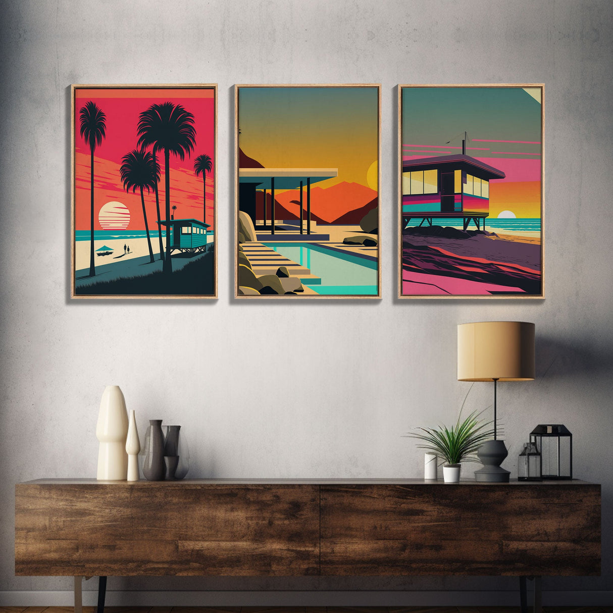 MCM Style Retro Wall Decor, Framed Canvas Prints, Triptych 3 Panel Wall Art, Retrowave Beach Art, Synthwave / Vaporwave Architecture Art