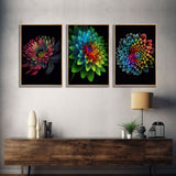 Triptych 3 Panel Wall Art - Framed Canvas Prints - Neon Flowers - Retro Style Flower Paintings - Boho Decor - Minimalist Wall Art - Modern