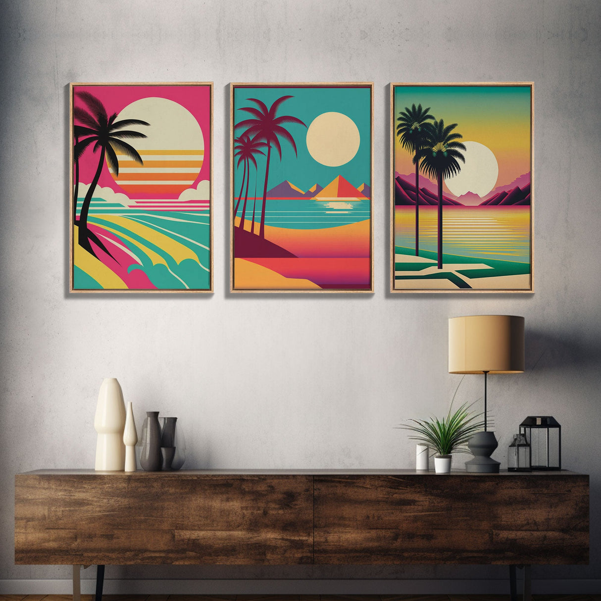 Beautiful Turquoise Retro Style Beach Art, Triptych 3 Panel Framed Canvas Prints, Palm Trees and Sunset, 80s Vibes Vaporwave Art Deco Mashup