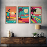 Midcentury / At Deco / Vaporwave mashup, Palm Trees & Beach Art, Framed Canvas Prints, 3 Panel Triptych Art, 80s Vibes