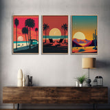 Beach Vibes - Midcentury / Art Deco / 80 Vibes Mash up - Framed Canvas Prints - Turquoise Sky and Palme Trees - 3 Panel Art, Triptych Prints