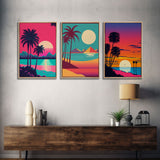 Retrowave Priint Set  - 3 Piece Wall Art - Triptych 3 Panel Art - Beach Wall Art - Framed Canvas Prints - Tropical Beach Decor