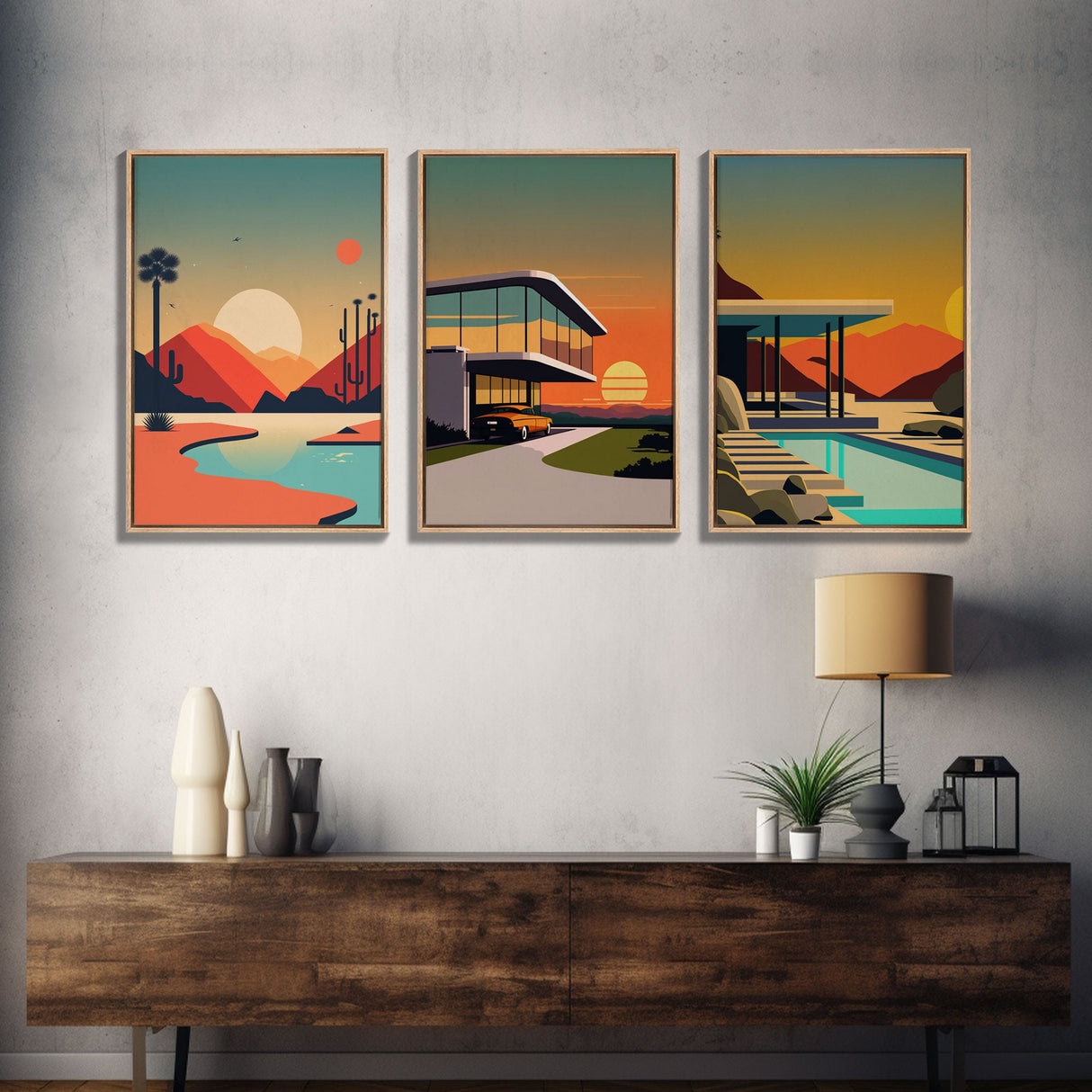 Midcentury Modern Architecture Art, Framed Canvas Prints, Retro Style Retrowave Art, 3 Panel Canvas, 3 Piece Art Set, Sunset Art