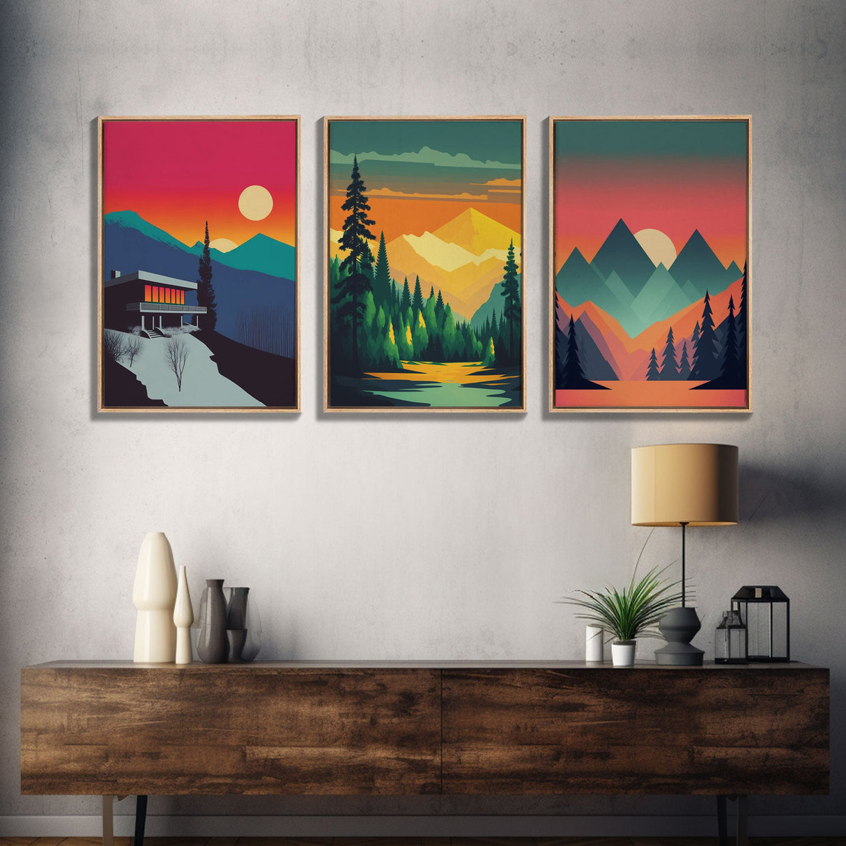 Scandinavian Canvas Prints Framed, 3 Piece Wall Art, Nordic Print Set, Modern Abstract Art, Minimalist Landscape Sunset Art, Forest Mountain