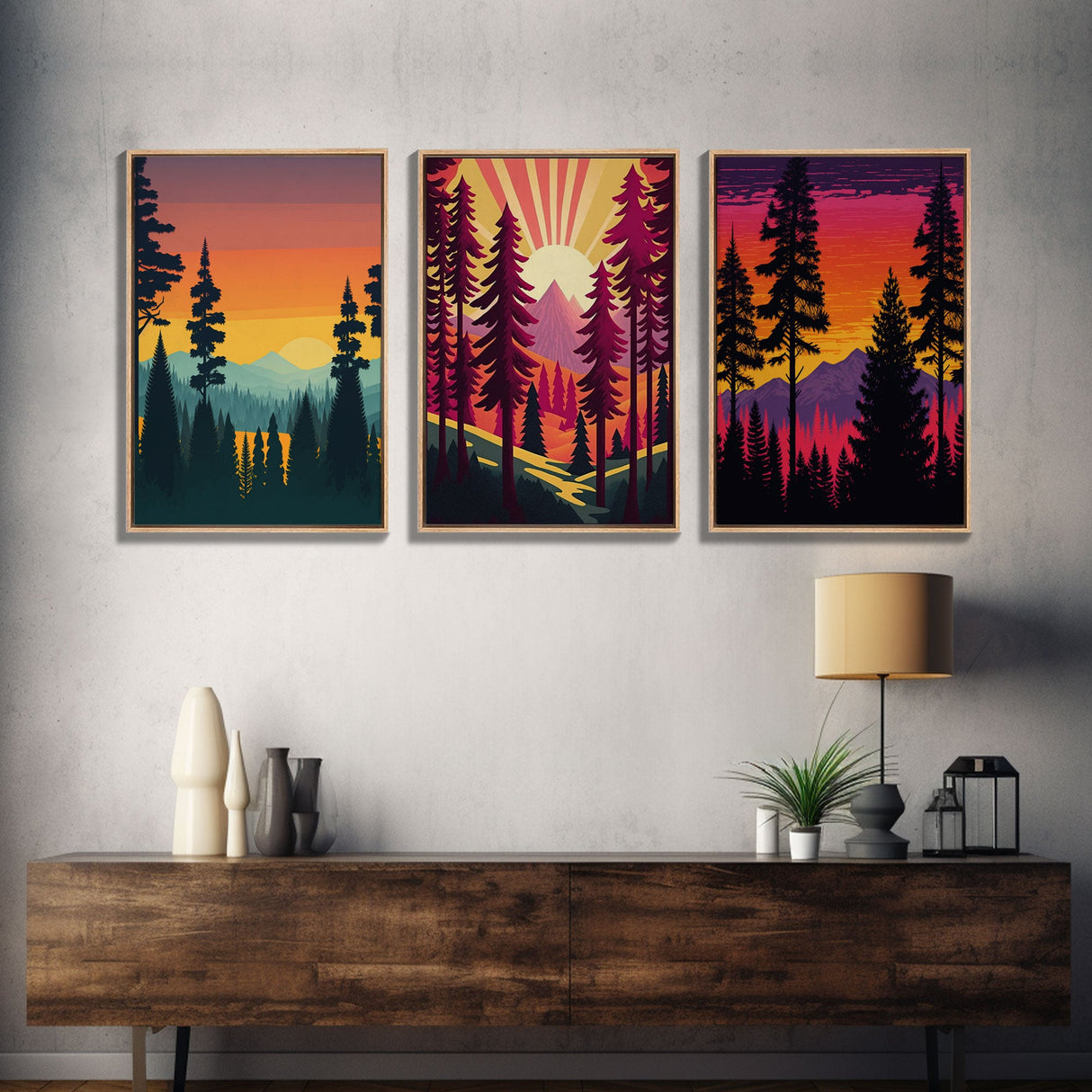 3 Piece Framed Canvas Wall Art Retro Forest Nature Scenery Minimalist Canvas Print Modern Home Artwork Decoration for Living Room