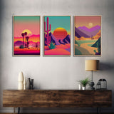 3 Piece Framed Canvas Wall Art, Synthwave / Vaporwave Sunset, Palme Trees and Cactus, Mid Century Modern Home Artwork Boho Decor for Bedroom