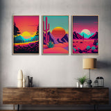 Retro Synthwave Style 80s Vibes Art, 3 Panel Canvas, Triptych Art, Framed Canvas Prints, Sunset, Pink Hues, Pastel Art, Vaporwave Decor