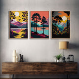 3 Piece Framed Canvas Wall Art Wood Panel Effect Mountain Range Top Print Modern Art, Rustic Living Room Wall Art, Western Decor, Retro Feel