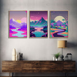 Vaporwave Aesthetic Mountain Landscape Prints, Framed Canvas Art, 3 Panel Art Set, 3 Piece Art, Retro Feel Minimalist Abstract Art