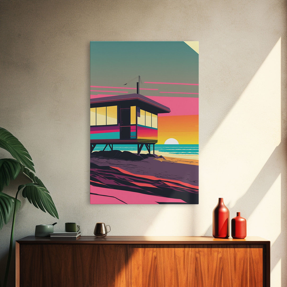 Synthwave Sunset Beach California Lifeguard Hut Framed Canvas Print, Retro Style, 80s Vibes, Turquoise Beach Art