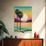 Framed Canvas Print - Art Deco Sunset Scene - Mountains, Palmtrees & Beaches - Retro Style Art - Living Room Decor