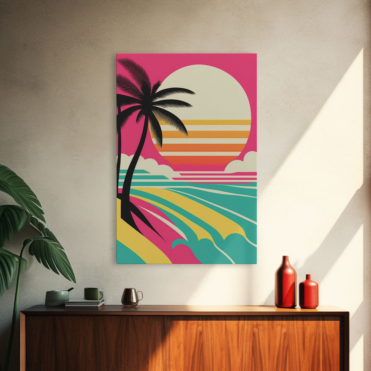 Framed Art Deco Canvas Print - Sunset Beach Scene, Minimalist Palms, Retro Style - Pink and Turquoise Vaporwave Art