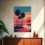 Framed Canvas Print - Art Deco Sunset, Beaches, Minimalist Palm Trees, Retro Synthwave, Vaporwave, 80s Vibes, Gamer Art, Bar Decor