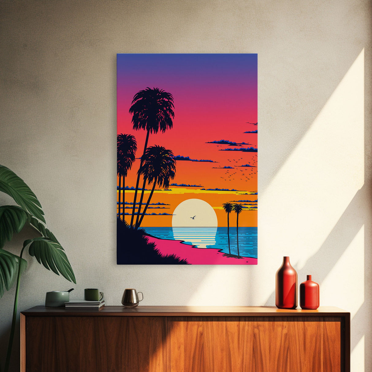 Framed Canvas Print - Art Deco Sunset, Beaches, Minimalist, Palmtrees, Retro Style, Synthwave, Vaporwave, 80s Style Decor, Palme Trees