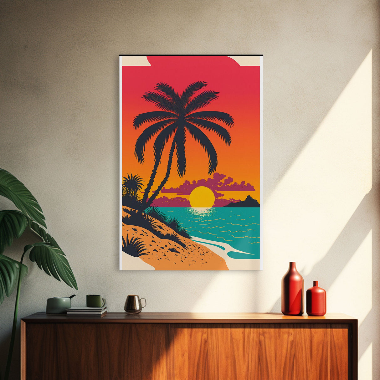 Framed Canvas Print - Art Deco Sunset, Beaches, Minimalist Palm trees - Island Vibes - Retro Tropical Art - Pop Art Beach Decor